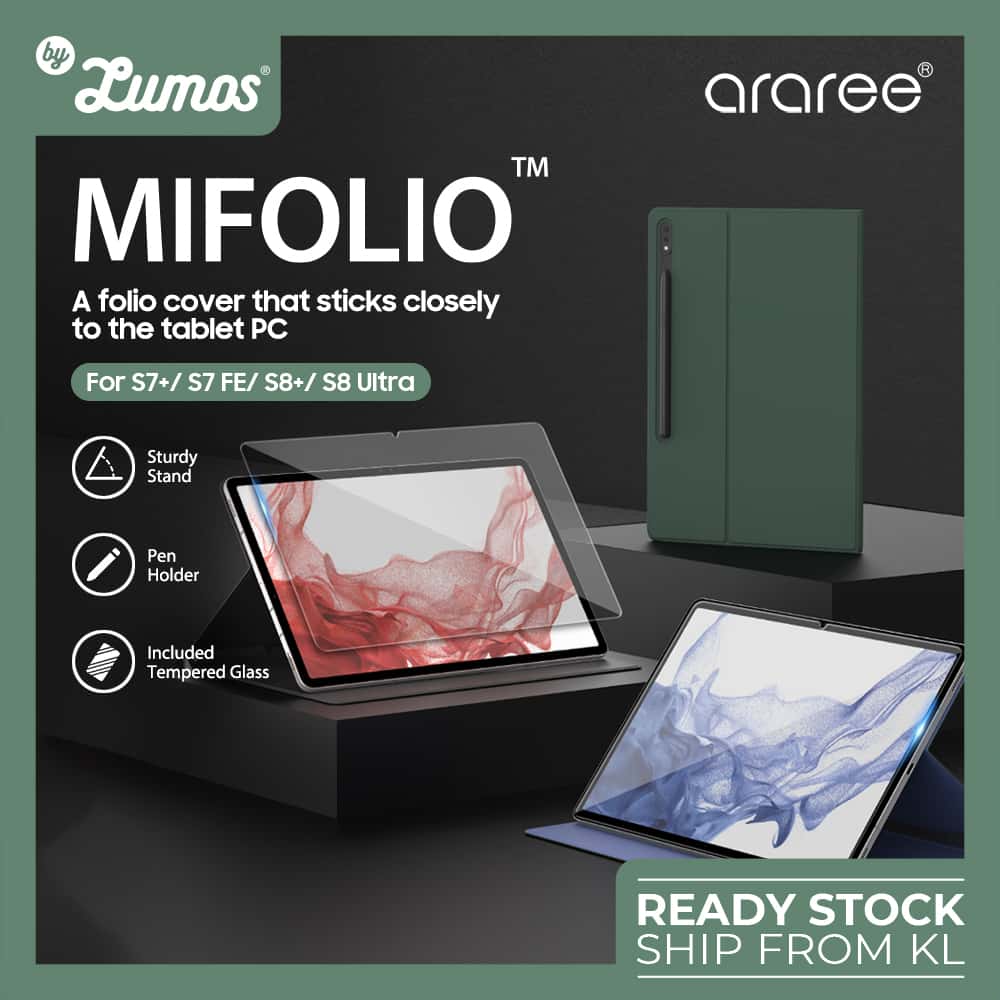 ARAREE MIFOLIO design for Galaxy Tab S7+/S7-FE/S8+ & S8 Ultra Folio Case Cover with Pen Slot INCLUDED Tempered Glass