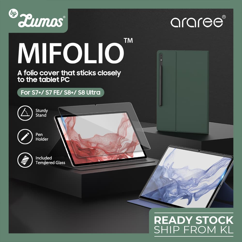 ARAREE MIFOLIO design for Galaxy Tab S7+/S7-FE/S8+ & S8 Ultra Folio Case Cover with Pen Slot INCLUDED Tempered Glass โ S7+/S7-FE/S8+ ,Black