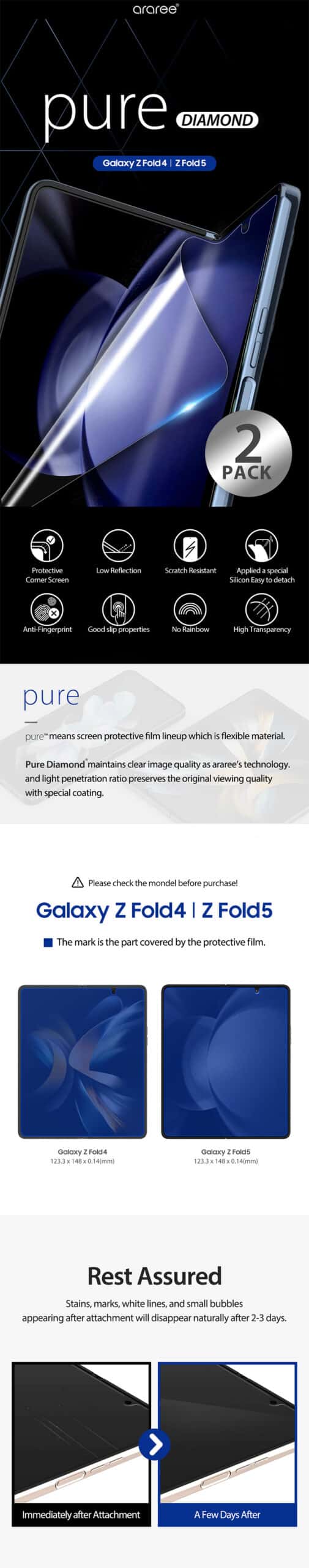ARAREE PURE DIAMOND Samsung Galaxy Z Fold 4/Galaxy Z Fold 5 Screen Protector No Rainbow