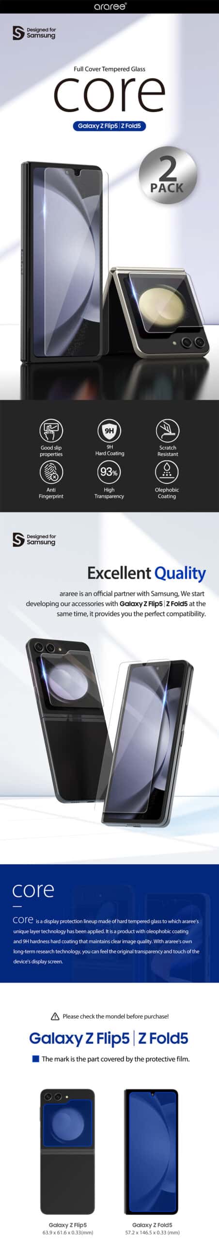 ARAREE Core Samsung Galaxy Z Fold 4/5 OR Galaxy Z Flip 5 Daily Impact Scratch Resistant Smooth 1PC / 2PCS Tempered Glass