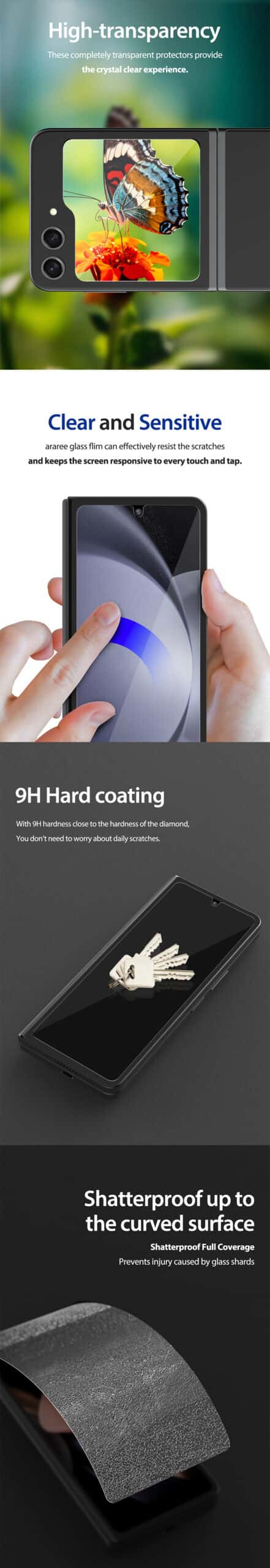 ARAREE Core Samsung Galaxy Z Fold 4/5 OR Galaxy Z Flip 5 Daily Impact Scratch Resistant Smooth 1PC / 2PCS Tempered Glass
