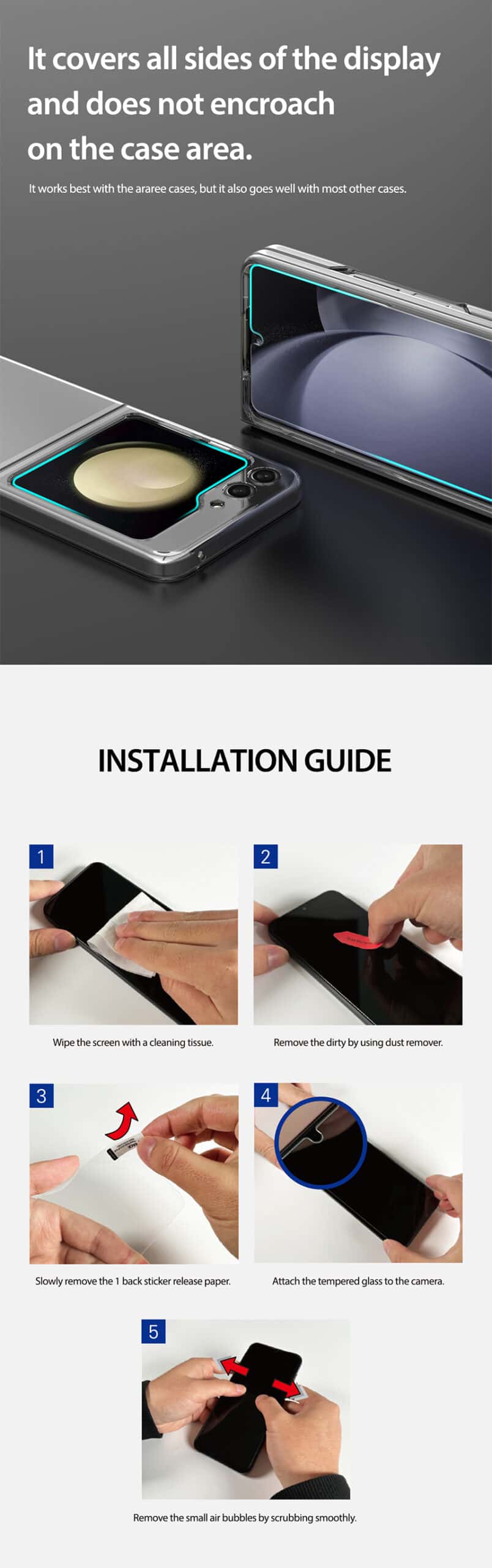 ARAREE Core Samsung Galaxy Z Fold 4/5 OR Galaxy Z Flip 5 Daily Impact Scratch Resistant Smooth 1PC / 2PCS Tempered Glass