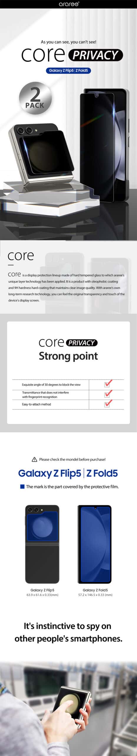 Araree Sub Core Privacy Premium Tempered Glass For Samsung Galaxy Z Fold 5 & Z Flip 5 Screen Protector Anti Scratches