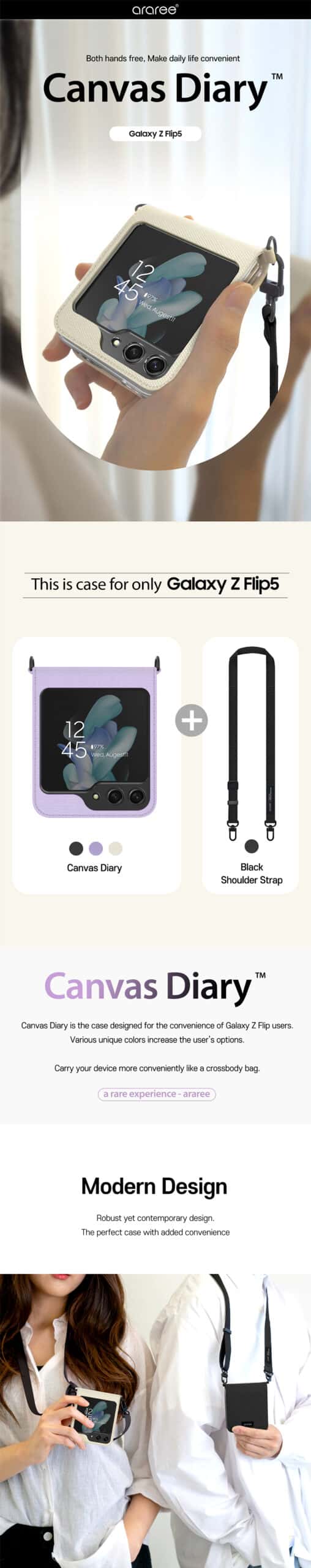 ARAREE CANVAS DIARY SERIES Samsung Galaxy Z Flip 5 Waist Strap Full Cover Protective Case