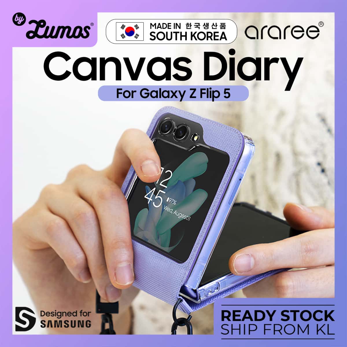 ARAREE CANVAS DIARY SERIES Samsung Galaxy Z Flip 5 Waist Strap Full Cover Protective Case