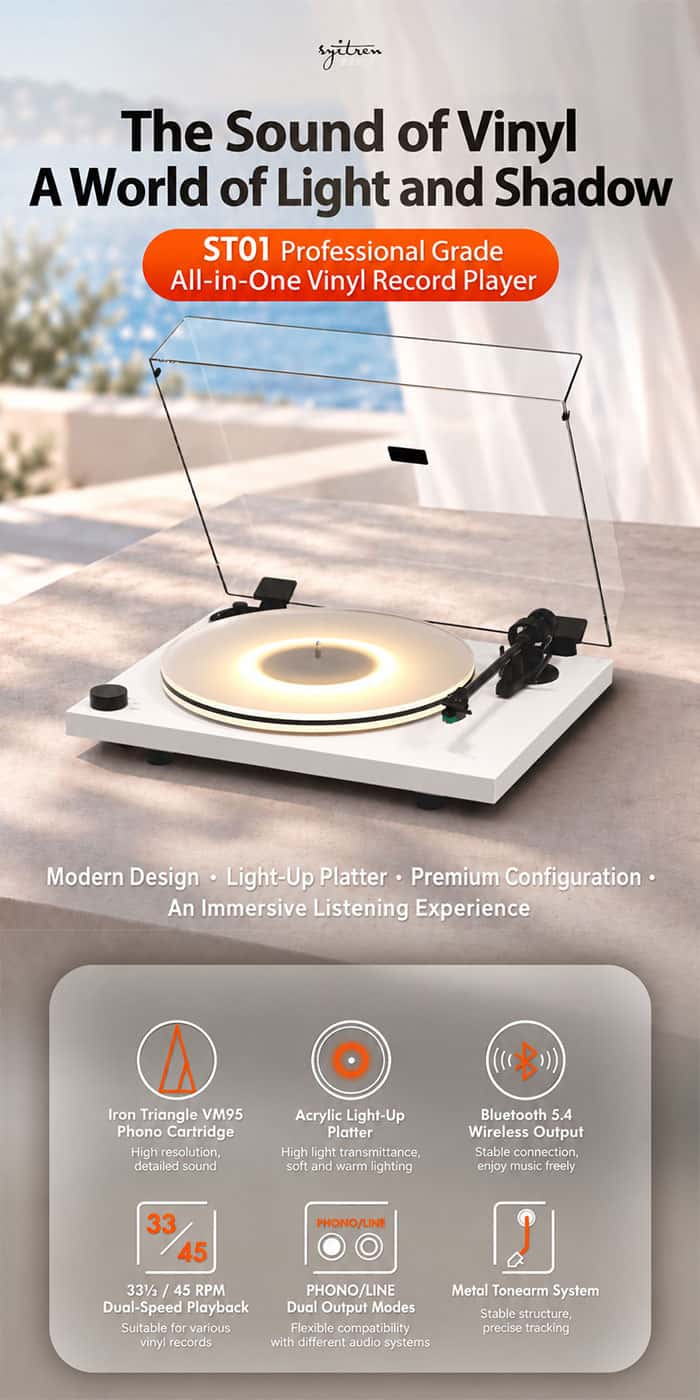 Syitren ST01 Professional Grade All-in-One Vinyl Record Player White
